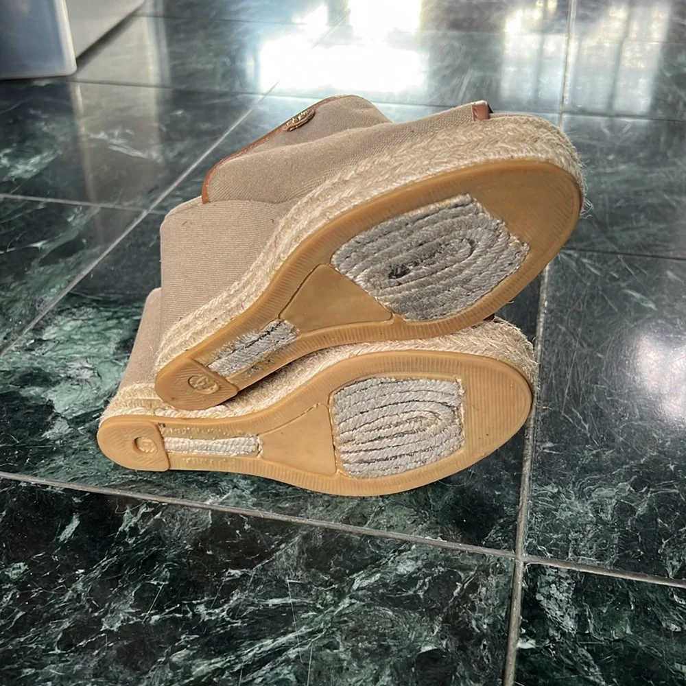 Tory Burch Tan Canvas Espadrille Wedge Mules with Brown Trim Accents